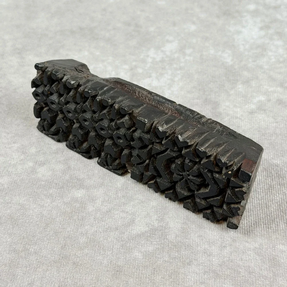 Vintage Hand Carved Wooden Textile Printing Block Geometric Floral Design Stamp